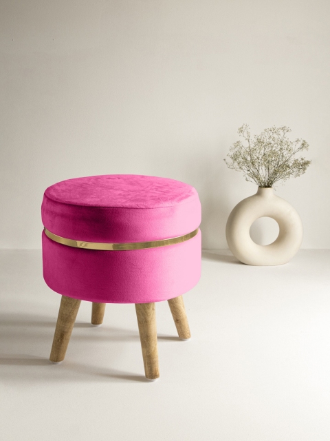 Clasiko Pink Solid Ottoman With Wooden Legs