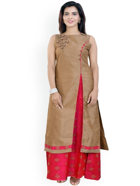 Kiya Women Beige Ethnic Motifs Embroidered High Slit Kurta with Skirt