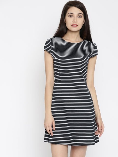ONLY Women Navy Striped A-Line Dress, Navy blue