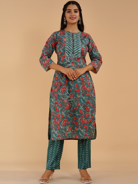 Tetalee Women Green Floral Printed High Slit Pure Cotton Kurti with Trousers