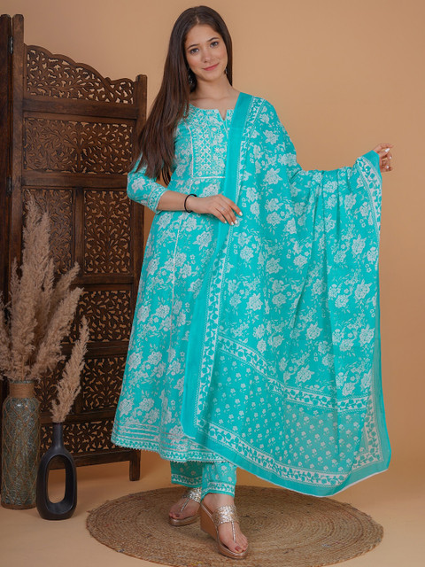 MEERA FAB Women Turquoise Blue Printed Pure Cotton Kurta with Trousers & With Dupatta
MEERA FAB Women Turquoise Blue Printed Pure Cotton Kurta with Trousers & With Dupatta