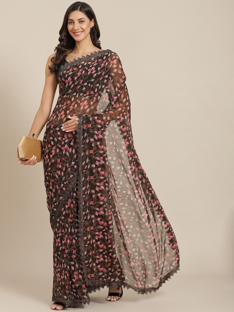 Tikhi Imli Brown & Pink Floral Saree with Chikankari lace