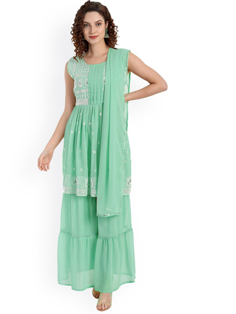 TORONFRAS Women Sea Green Thread Work Silk Georgette Kurti with Sharara & With Dupatta
TORONFRAS Women Sea Green Thread Work Silk Georgette Kurti with Sharara & With Dupatta