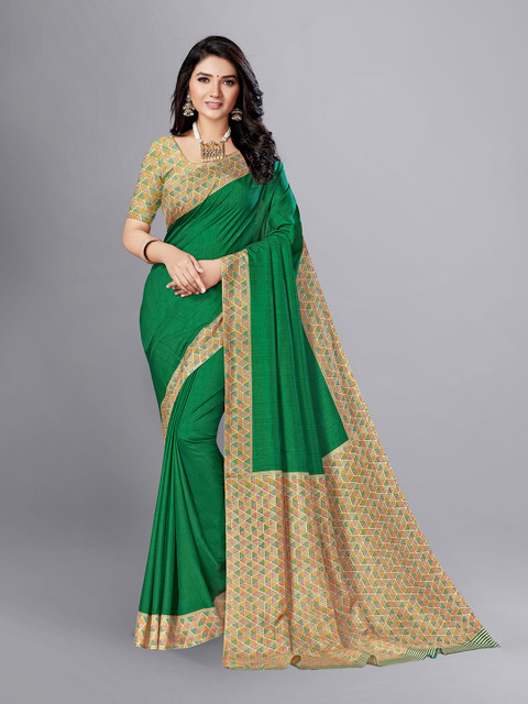 VIMLA Green & Gold-Toned Art Silk Mysore Silk Saree
VIMLA Green & Gold-Toned Art Silk Mysore Silk Saree