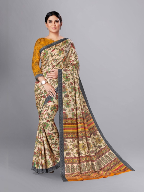 VIMLA Beige & Green Floral Art Silk Mysore Silk Saree