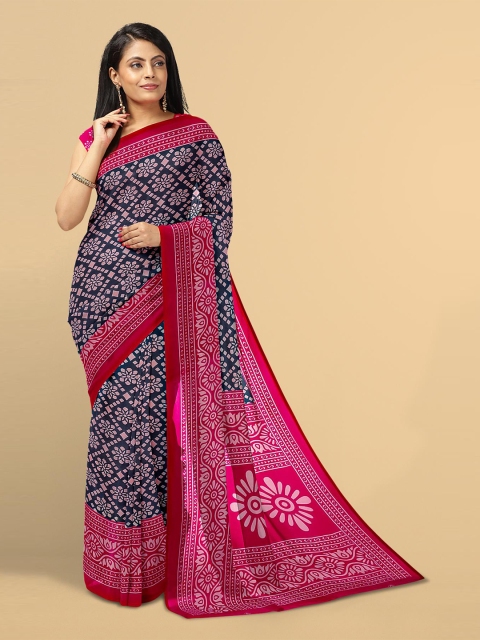 Kalamandir Navy Blue & Pink Floral Saree