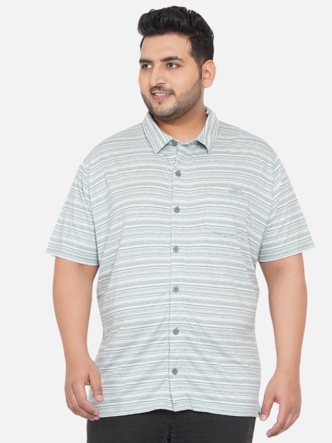 Santonio Men Green Horizontal Striped Cotton Classic Casual Shirt