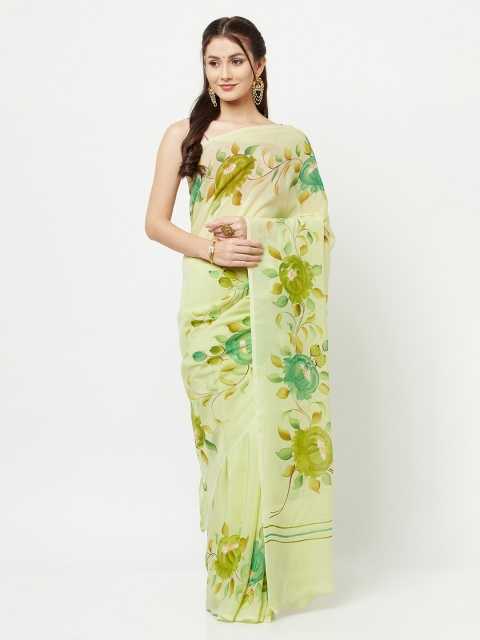 La Vastraa Green & Blue Floral Pure Chiffon Saree