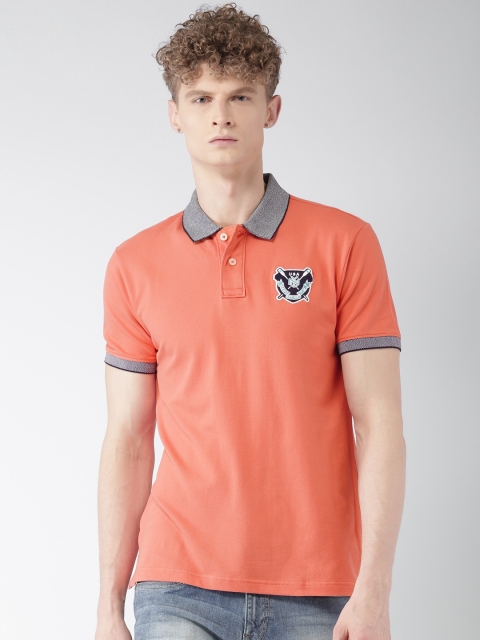Aeropostale Men Coral Orange Solid Polo Collar T-shirt