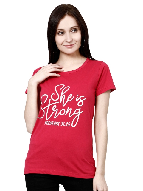 CHOZI Women Red Typography Printed Bio Finish T-shirt