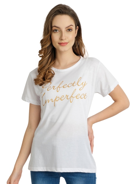 CHOZI Women White Typography Printed Bio Finish T-shirt