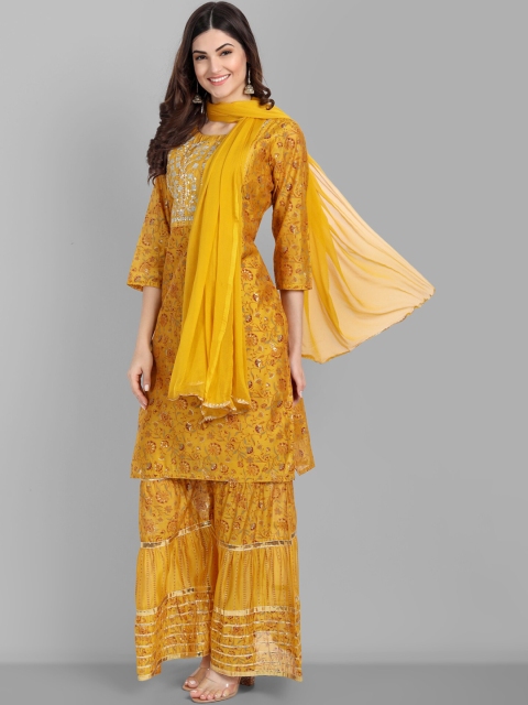 SINGNI Women Mustard Yellow Floral Printed Chanderi Silk Kurta with Sharara & With Dupatta
SINGNI Women Mustard Yellow Floral Printed Chanderi Silk Kurta with Sharara & With Dupatta