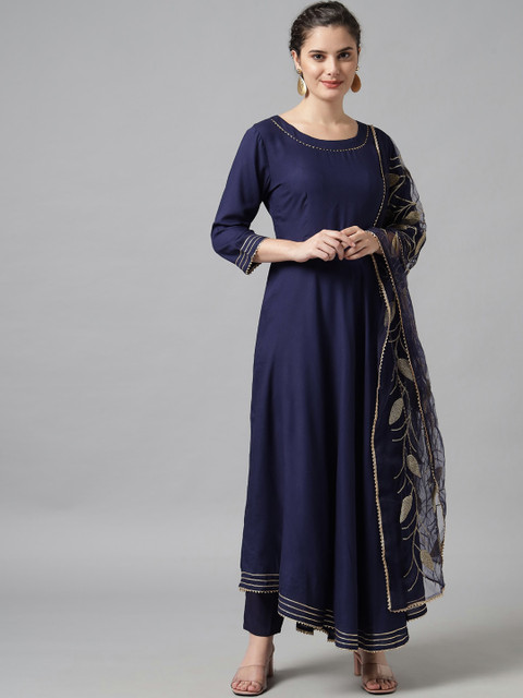 Meeranshi Women Navy Blue Solid Flared Anarkali Kurta with Churidar & With Dupatta 
Meeranshi Women Navy Blue Solid Flared Anarkali Kurta with Churidar & With Dupatta