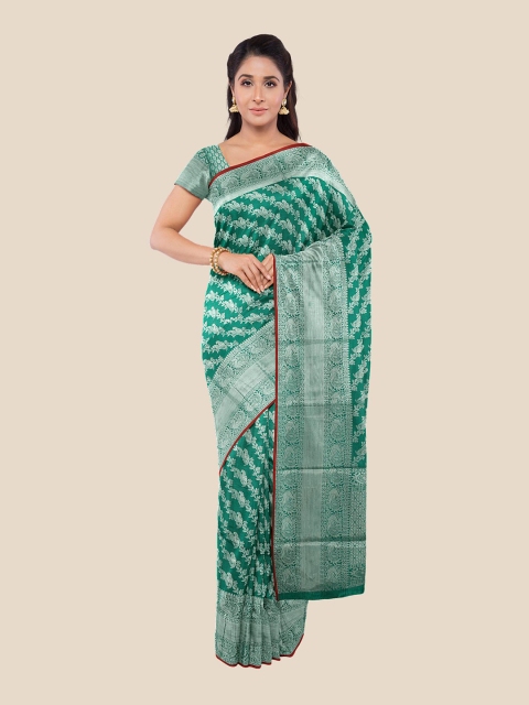 Kalamandir Green & Silver-Toned Zari Silk Blend Saree
