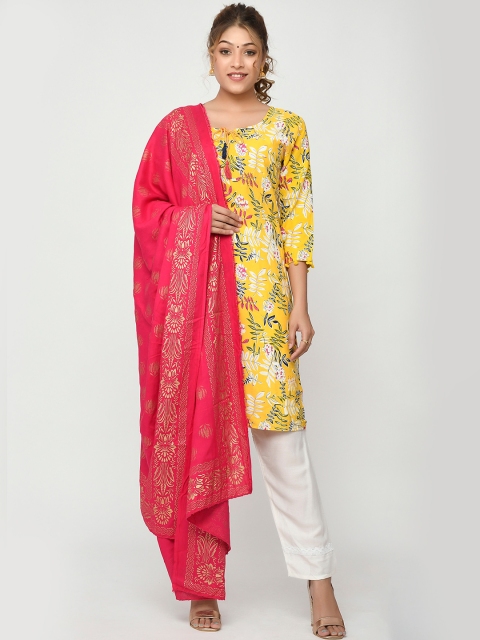 Kesarya Women Yellow & Red Floral Printed Kurta with Salwar & With Dupatta