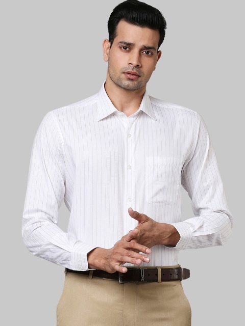 Raymond Men White & Green Cotton Striped Casual Shirt