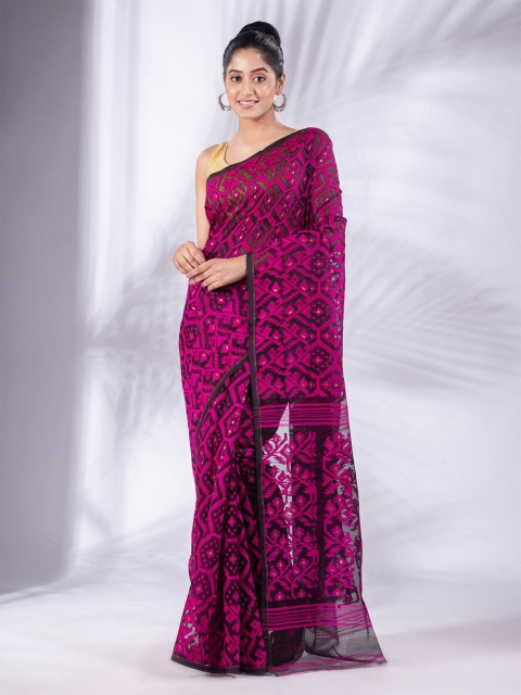 Charukriti Black & Pink Floral Silk Cotton Jamdani Saree