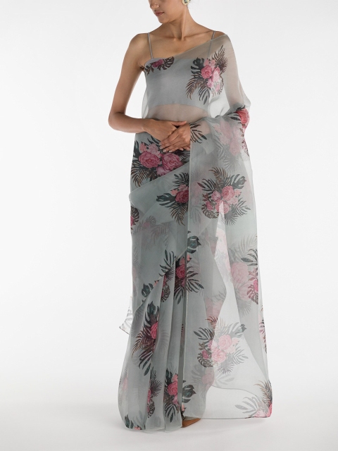 Nalli Next Green & Pink Floral Organza Saree
