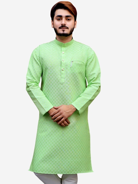 Tibra Collection Men Green Thread Work Dobby Kurta