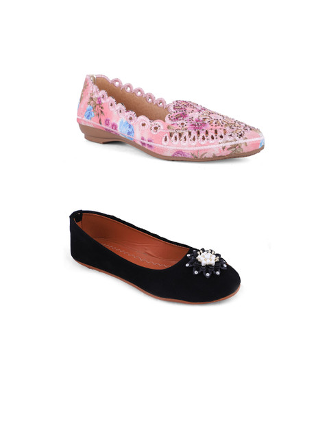 FABBMATE Women Pink & Black Set Of 2 Printed Laser cut Ballerinas, Multi 
FABBMATE Women Pink & Black Set Of 2 Printed Laser cut Ballerinas, Multi