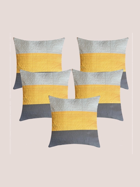 Molcha Mustard & Grey Set of 5 Colourblocked Quilted Square Cushion Covers