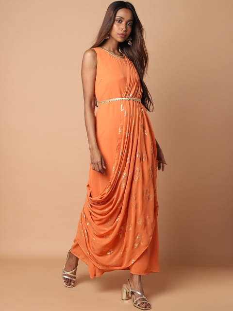 KHWAABI Women Orange Printed Georgette Kurta