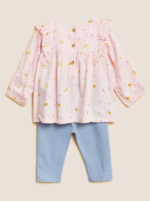 Marks & Spencer Girls Pink & Blue Floral Printed Clothing Set