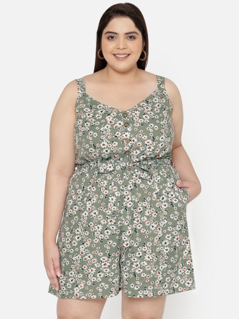 wild U Plus Size Women Green Printed Loose Fit Rompers