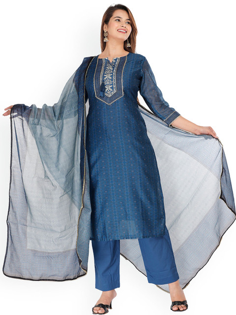EtnicaWear Women Blue Printed Chanderi Cotton Kurta with Trousers & With Dupatta
EtnicaWear Women Blue Printed Chanderi Cotton Kurta with Trousers & With Dupatta