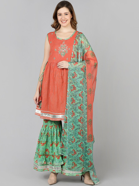 Jaipur Folk Women Peach-Coloured & Green Empire Pure Cotton Kurta with Sharara & Dupatta
Jaipur Folk Women Peach-Coloured & Green Empire Pure Cotton Kurta with Sharara & Dupatta