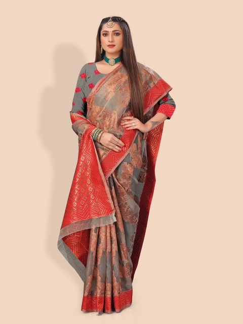 Rivana Grey & Red Floral Zari Organza Banarasi Saree