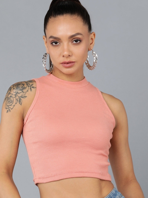 Rock Paper Scissors Peach-Coloured Halter Neck Tank Crop Top