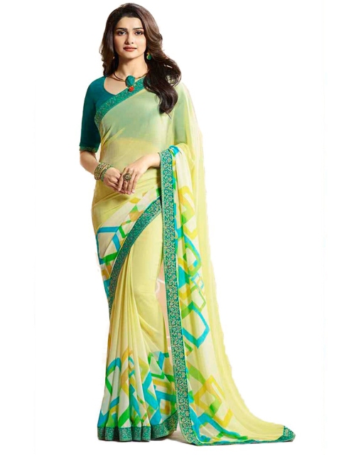Zainab chottani Yellow & Green Pure Georgette Block Print Saree
