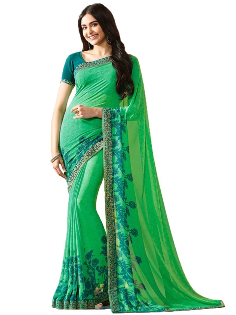 Zainab chottani Green & Gold-Toned Floral Pure Georgette Block Print Saree