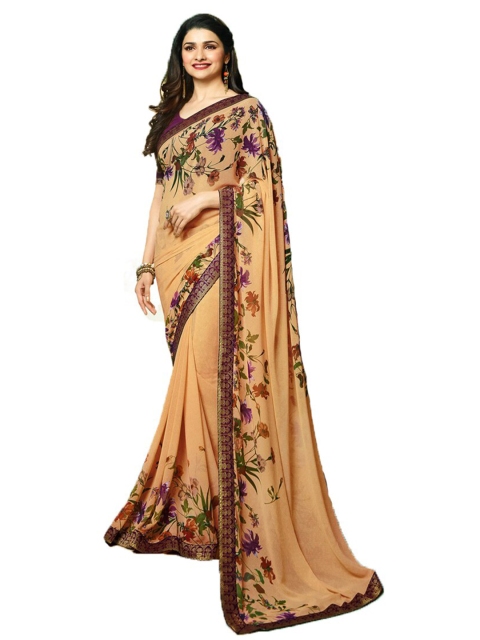 Zainab chottani Beige & Violet Floral Pure Georgette Block Print Saree
