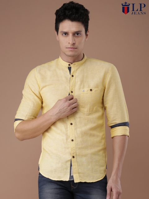 Louis Philippe Jeans Men Yellow Solid Slim Fit Casual Shirt