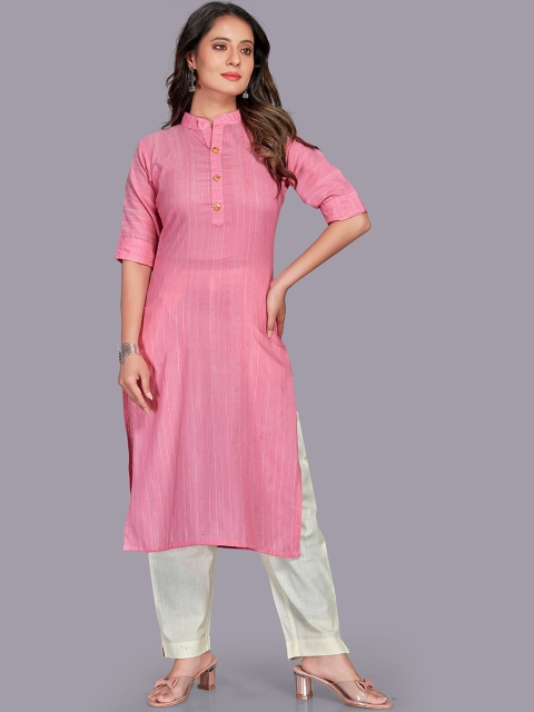 Fashion FRICKS Women Pink Striped Kurta With Trousers