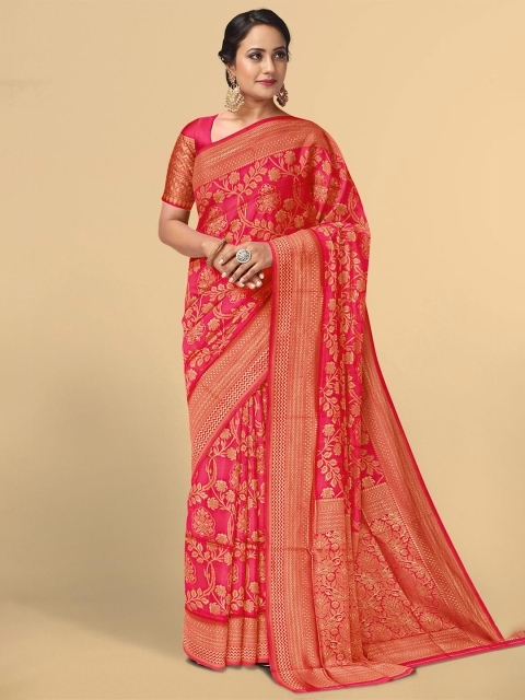 Kalamandir Coral & Gold-Toned Floral Zari Silk Blend Saree