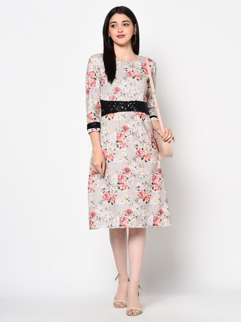 Miss Grace Women Grey Printed Floral Embellished Polyester Dress 
Miss Grace Women Grey Printed Floral Embellished Polyester Dress