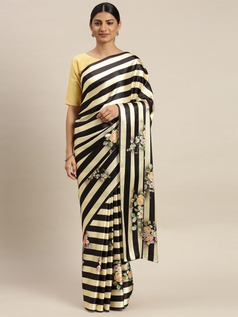 AVANSHEE Black & Yellow Floral Satin Saree