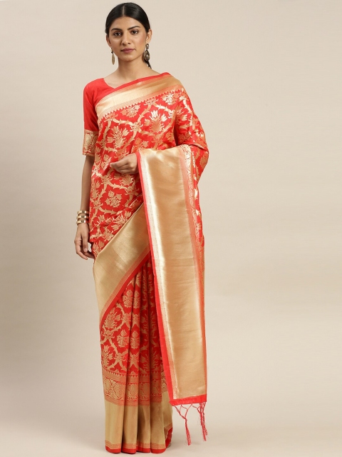 AVANSHEE Red & Gold-Toned Woven Design Zari Silk Cotton Saree