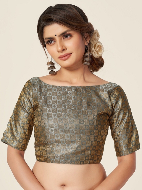 HIMRISE Women Grey Woven Design Boat Neck Saree Blouse