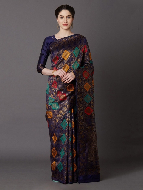 Fashionuma Blue & Orange Ethnic Motifs Zari Saree