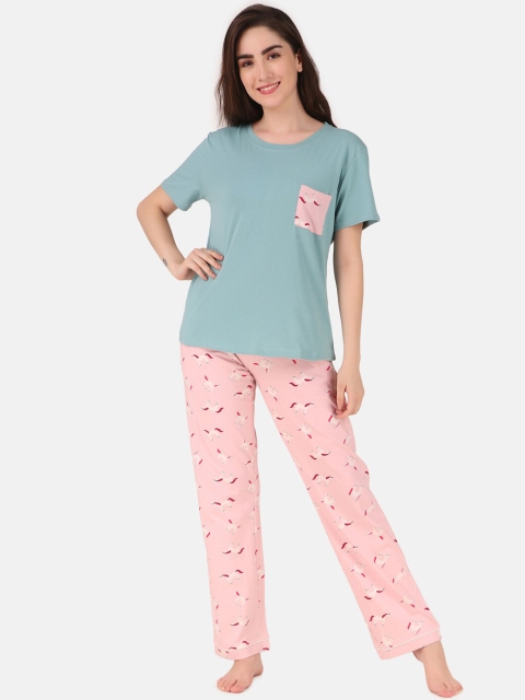 Masha Women Pink Unicorn Print Cotton Night suit