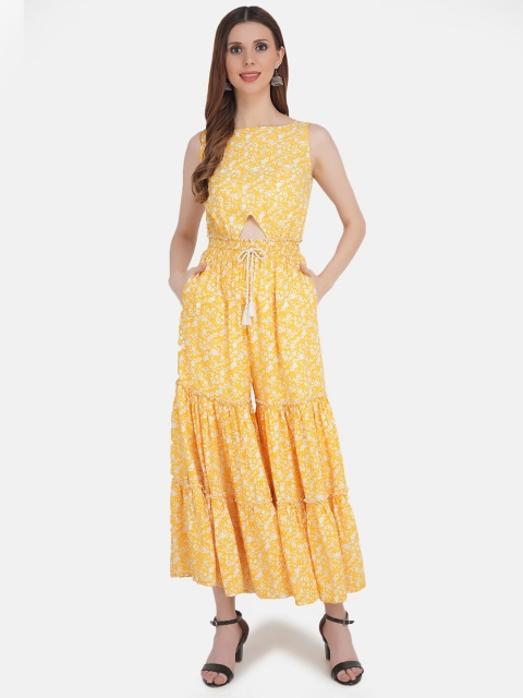 KHWAABI Yellow & White Floral Printed Tiered With Front Cut Out Jumpsuit