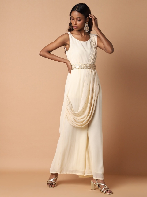 KHWAABI Women Cream-Coloured & Gold-Toned Printed Basic Embroidered Jumpsuit
