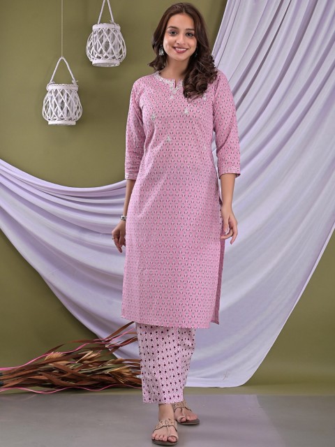 EtnicaWear Women Peach-Coloured Ethnic Motifs Printed Aari Work Pure Cotton Kurta with Trousers
EtnicaWear Women Peach-Coloured Ethnic Motifs Printed Aari Work Pure Cotton Kurta with Trousers