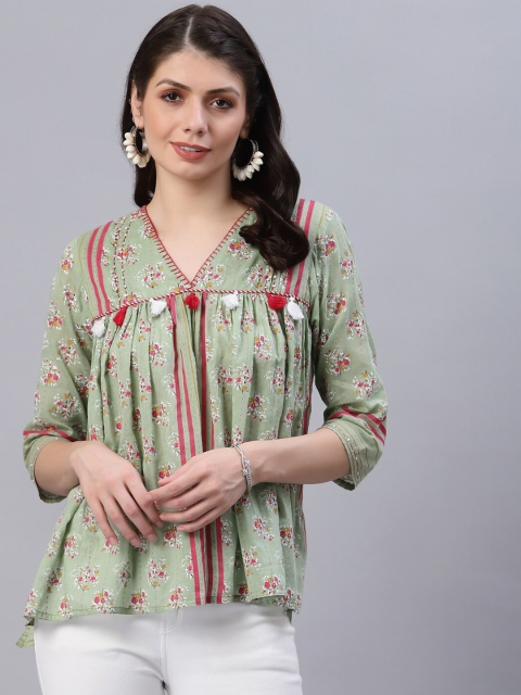 Ragavi Green & Red Floral Printed Empire Top