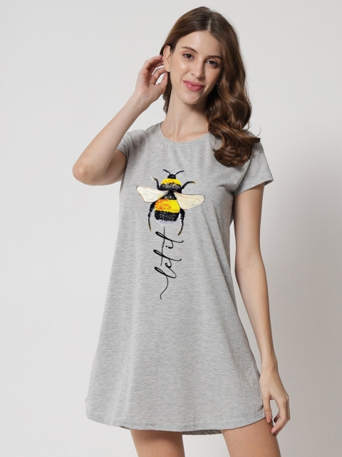 FFLIRTYGO Women Grey Graphic Printed Nightdress