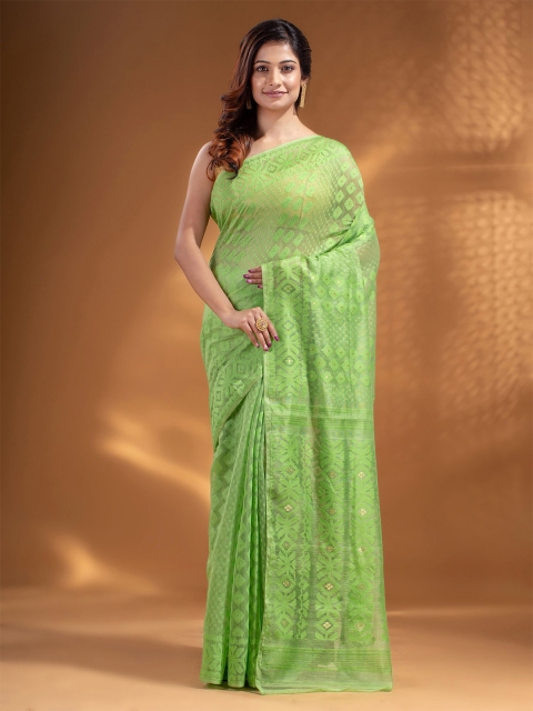 Arhi Green & Gold-Toned Woven Design Silk Cotton Jamdani Saree